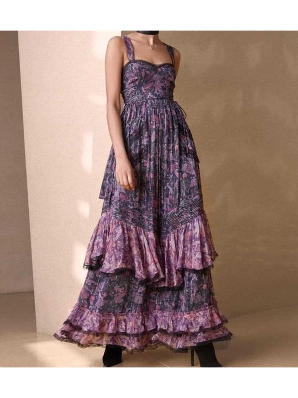 ROCOCO SAND L large Nott Sweetheart Tiered Metallic Paisley Purple Maxi Dress